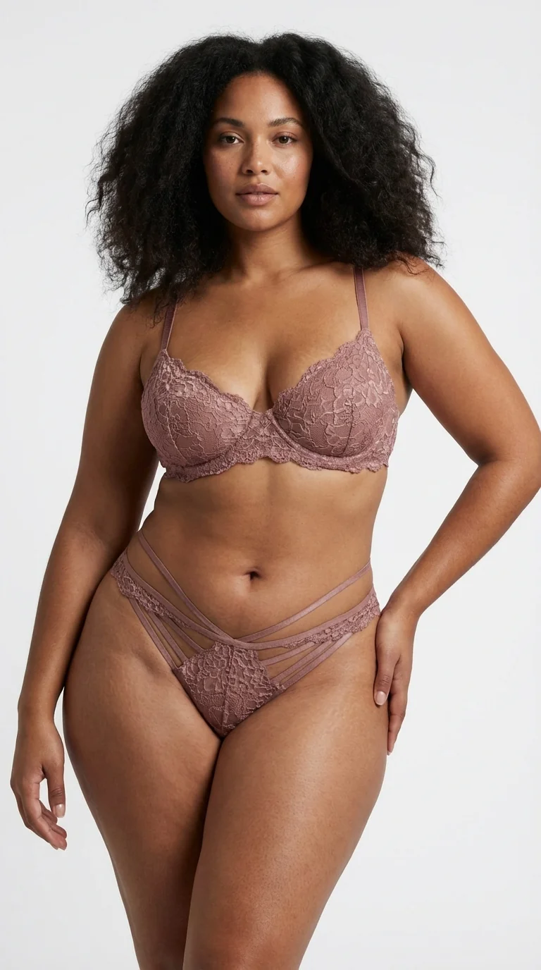 Önü Çoklu Bantlı (Strappy) Dantel Tanga Dusty Rose - Kafes Görünümlü ve İpli Model - Yan Görünüm - LunaIntim